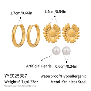 Detailed size and weight specs for pearl, sunflower, and hoop stainless steel earrings set