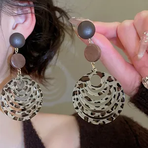 Leopard print resin geometric drop earrings with concentric circles for women