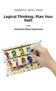 Detail of wooden magnetic color and number maze puzzle with stylus sorting beads