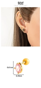 Detailed view of pink oval zirconia stud earring in gold setting with size measurements
