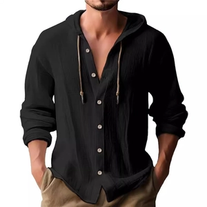 Men's loose black cotton linen hooded shirt with long sleeves and drawstring neck