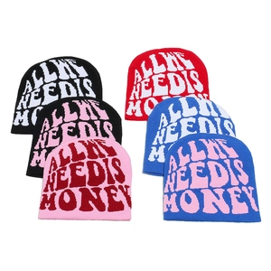 Winter Y2K knit beanie featuring jacquard money letter embroidery in six vibrant colors