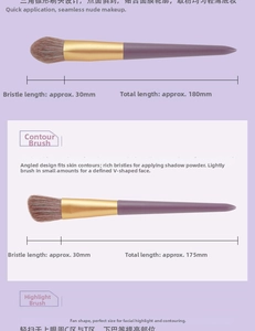 Detailed view of professional purple contour and highlight brushes with soft bristles