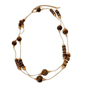 Retro brown and gold beaded double-layer necklace with round tiger eye stones