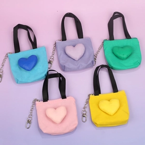Mini Heart Shaped Coin Purse Canvas Small Storage Bag With Keychain Hook Cute Macaron Color Pouch For Women Girls
