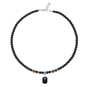Beaded necklace with black rectangular gemstone pendant and brown tiger eye stones