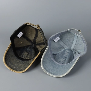 Washed denim baseball caps set in yellow and light blue with metal back buckle
