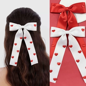 Satin Ribbon Bow Hair Clip With Long Streamers Red Hearts Valentine Sweet Hair Accessories For Women Girls