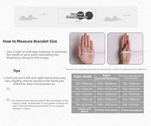 Size guide for blue agate bangles with palm width and inner diameter measurements