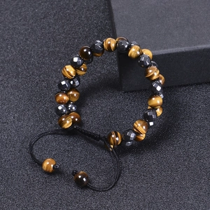 Double layer 8mm yellow tiger eye and faceted black stone beaded bracelet for men and women