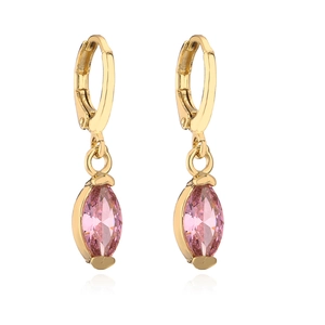 Detailed close-up of 18K gold plated hoop earrings with marquise pink zircon pendants