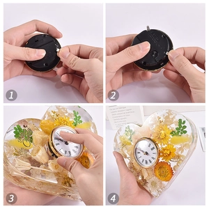 DIY heart-shaped resin clock mold with dried flowers and Roman numeral quartz insert guide