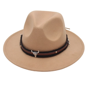 Ethnic camel wool fedora hat with brown leather band and silver metal bull skull pendant