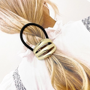 Women Minimalist Metallic Hair Tie Elastic Hair Band Alloy Curved Hollow Decorative Ponytail Holder Gold Silver Accessory