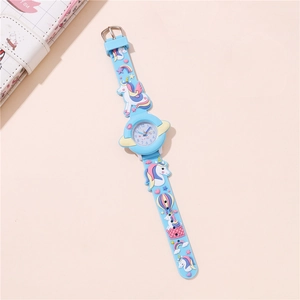 Cute blue unicorn quartz watch for kids with 3D rainbow silicone strap and numeric dial