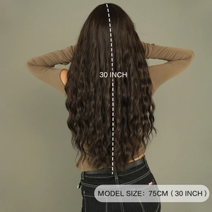 30 inch deep brown body wave long curly synthetic wig for women back view display