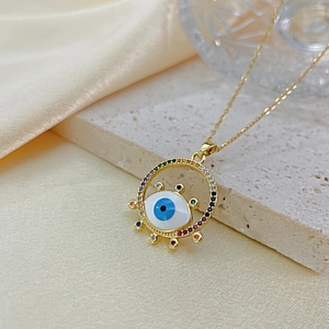 Luxury gold titanium steel necklace with Evil Eye pendant and colorful zircon stones