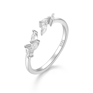 Close-up of S925 sterling silver leaf ring featuring marquise-cut marquise zircon stones