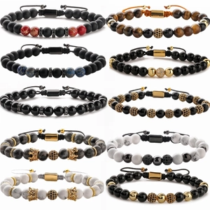 Bracelet En Perles De Pierre Naturelle Ajustable Corde Tissée À La Main Micro Pavé Zircone Cubique Perles De Cuivre