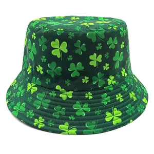 Detail of St. Patrick's Day bucket hat showing shamrock prints and reinforced stitching