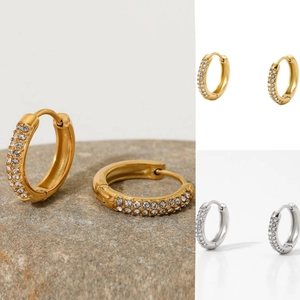 Stainless Steel Cubic Zirconia Hoop Earrings Round Sparkling Crystal Huggie Minimalist Elegant Jewelry For Women