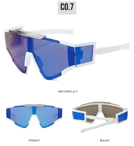 Futuristic white cycling sunglasses with blue mirror lenses from front back and side views