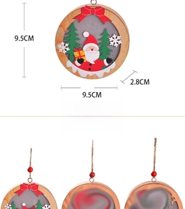 Detailed view of 9.5cm wooden Santa Claus LED ornament with fabric collage and red bow