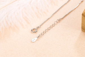 Close-up of S925 sterling silver necklace clasp with extension chain and hallmark detail