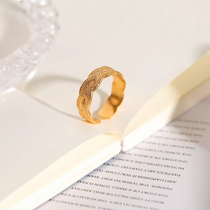 Detail of gold-plated twisted texture on an adjustable stainless steel ring
