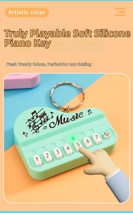 Detail of mint green mini toy piano keychain with seven numbered silicone music keys