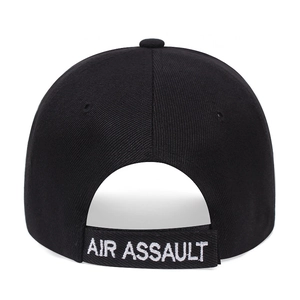 Rear view of black baseball cap with adjustable Velcro strap and Air Assault embroidery
