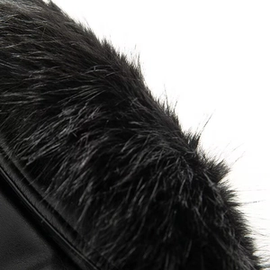Detailed macro view of the premium black faux fur collar and leather jacket texture