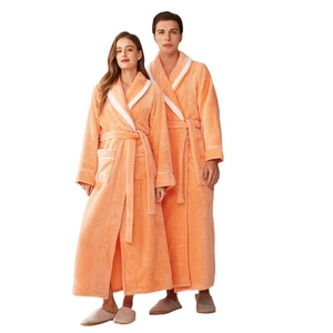 Thick waffle fleece couple bathrobe in bright orange with white plush collar and waist belt