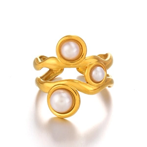 18K gold plated double layer wavy ring with three elegant white pearls for women