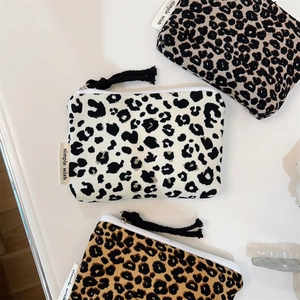 Stylish leopard print canvas mini coin pouches with zipper and black rope handle