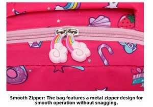Close-up of smooth metal zippers with cute rainbow cloud pullers on pink kids backpack