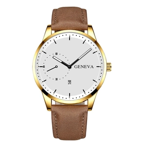 Detail of Geneva quartz watch with gold case, white dial, and brown leather strap