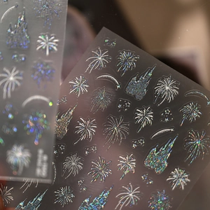Holographic fireworks and castle nail art stickers with laser rainbow glitter effects