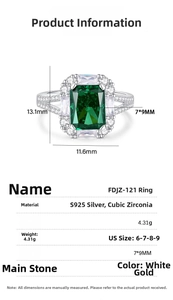 Detailed chart showing 7x9mm emerald-cut green cubic zirconia and S925 silver ring specs
