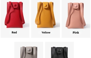 Detail view of mini PU leather crossbody phone bags in red yellow pink grey and black colors