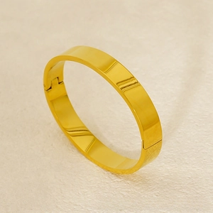 Detailed view of flat 18K gold plated stainless steel bracelet with a side hinge closure