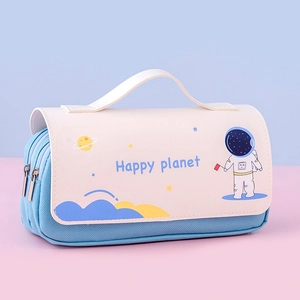 Cartoon astronaut pencil case with large capacity and portable handle in blue and pink