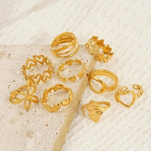 18K Gold Plated 304 Stainless Steel Adjustable Open Rings Vintage Heart Butterfly Ginkgo Leaf Waterproof Jewelry For Women