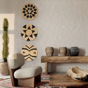 Set of 3 Boho woven wall baskets with geometric star patterns for Nordic home decor