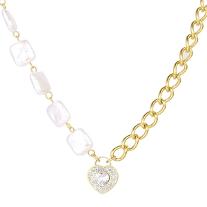 Baroque pearl and gold chain necklace with a heart pendant encrusted with sparkling zircons
