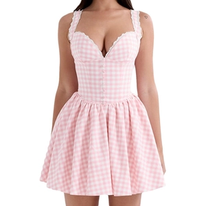 Floral pink and white check mini dress with corset bodice and white lace trim detail