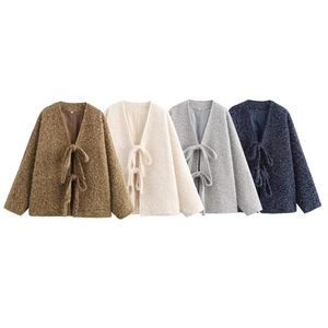 Knit cardigans with dual bow ties in brown, beige, grey, and navy blue flat lay display