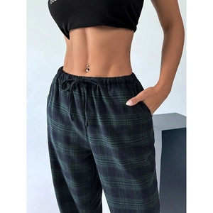 Women's casual plaid trousers with dark green patterns and adjustable drawstring waist