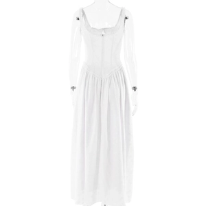 Detail of white backless dress with wide straps and elegant gathered waistline