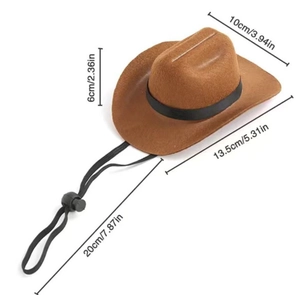 Detaillierte Größentabelle für braunen Haustier-Cowboyhut mit Maßangaben in cm und Zoll